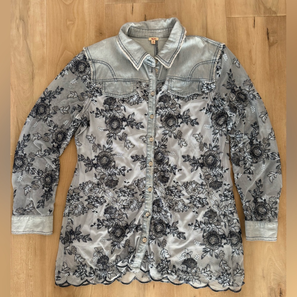 Reba| floral lace mesh denim button up